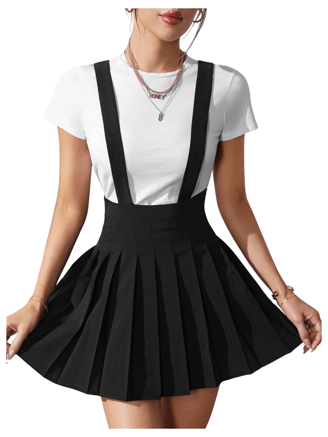 GORGLITTER Women's Pleated Suspender Skirt Ruffle Mini Skirt Cross Back Short Braces Skirt L Black