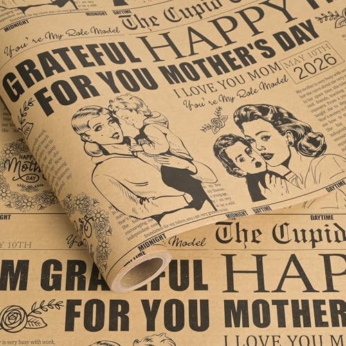 Dtiafu Vintage Mothers Day Wrapping Paper Roll - Kraft Newspaper Gift Wrap Design for Mom Grandma Wife Holiday Birthday Party Total 28.5 sq.ft