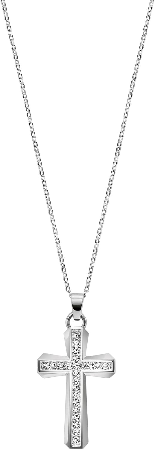 Bulova Ladies' Crystal Stainless Steel Box Set with White Mother-of-Pearl Dial 3-Hand Quartz-Watch and Cross Crystal Pendant-Necklace, 30mm Style:96X163