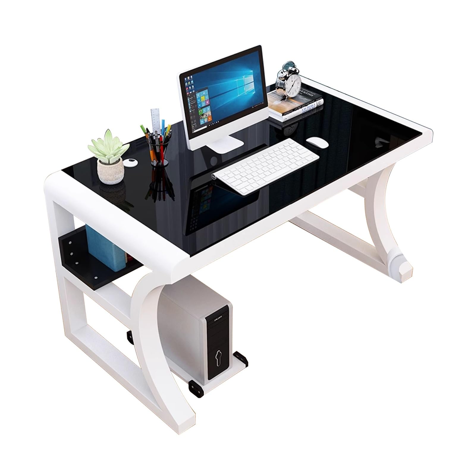 Escritorio de Cristal Templado for Ordenador, Escritorio Oficina con Estructura metálica, Estudio for en casa o Espacio Trabajo(White+Black,31.4'')