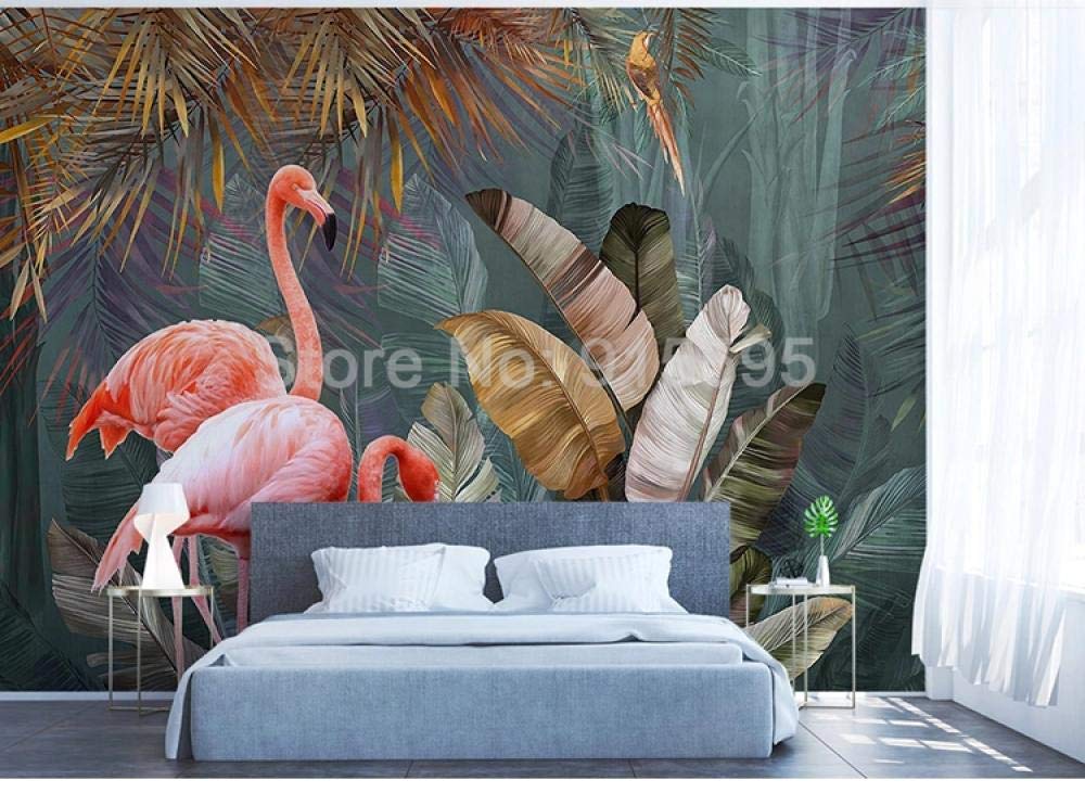 Papier peint tropical 3D flamant rose et feuille de bananier grand format 400x280 cm WLLLO