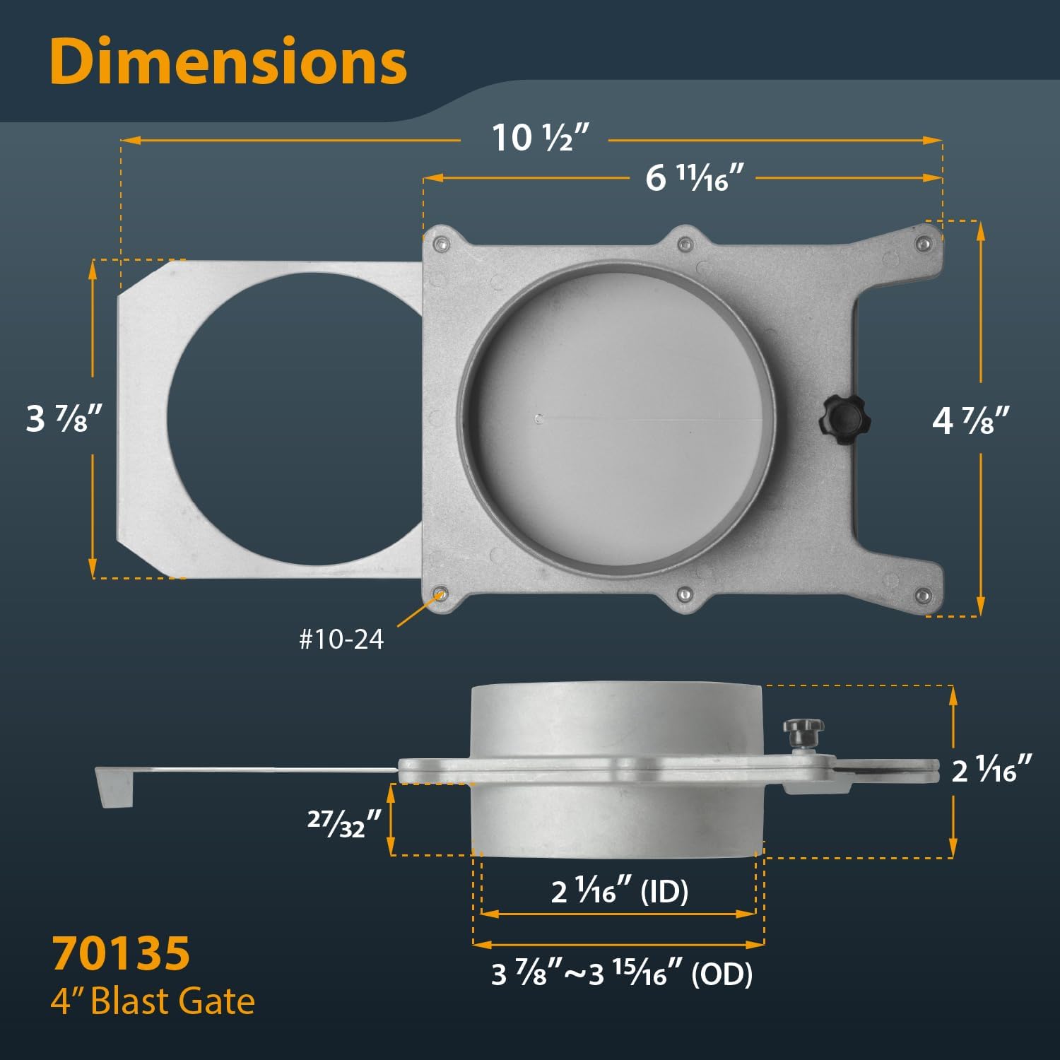 Detailed dimensions of the POWERTEC 4-inch blast gate