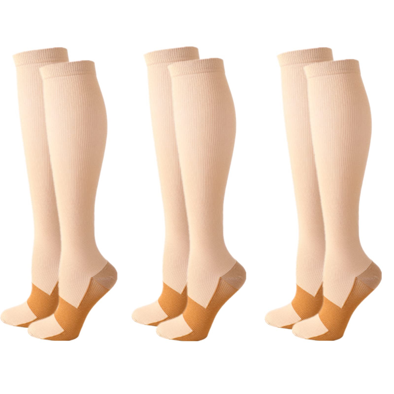 Compression Socks for Women Men, 3 Pairs 20-25mmHg Knee High Socks Compression Stockings for Sport, Athletic, Edema, Diabetic, Varicose Veins, Travel, Pregnancy, Nursing (XXL, Skin)