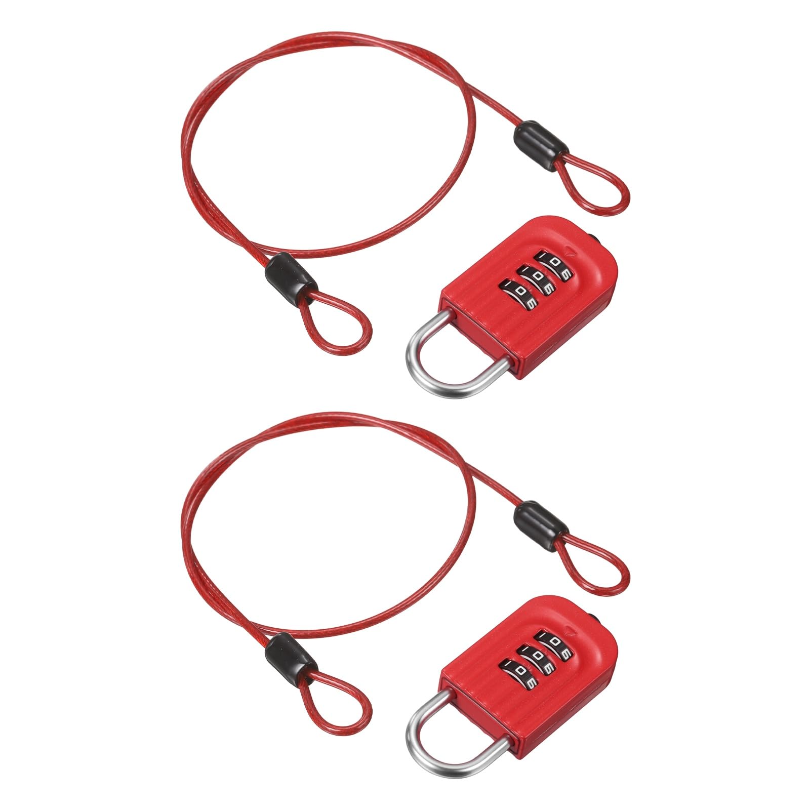 PATIKIL Security Cable with 3Digit Combination Lock, (0.5 Meter x 2.5mm, Red)(2Pcs), Braided Stainless Steel Safety Cable Wire Rope with Double Loop, Suit for Suitcase/Bicycle/Cabinets