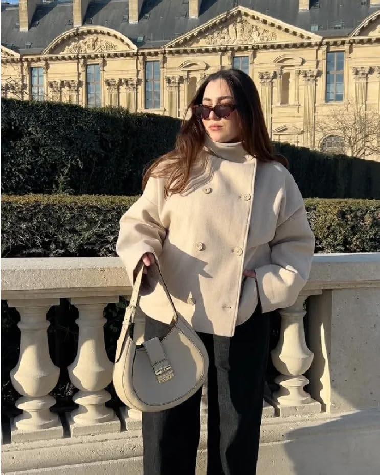 utcoco Women's Cropped Peacoat Double Breasted Lapel Short Wool Blend Winter Jacket Overcoat - Image 3