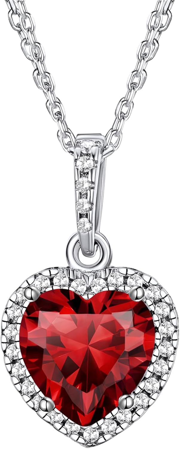 Bestyle Sparkling 925 Sterling Silver Birthstone Necklaces for Women, Created Heart/Round/Teardrop/Square Crystal Solitaire Pendant Diamond Necklace, Great Birthday/Anniversary/Wedding Gifts