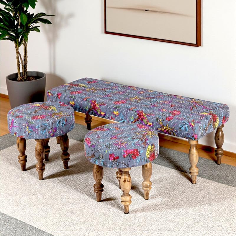 Ikiriya Stylish Cairo Sheesham Wood 3+1+1 Seater Bench Set with 2 Stools, Grey Bird Print Kantha (48x16x16 Inches, 1 Yr Warranty)-image-8