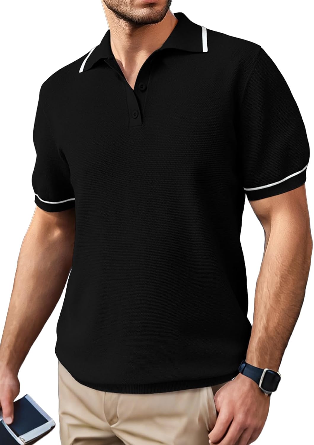SuperPrity Mens Polo Shirts Short Sleeve Golf Shirts Crochet Button Down Collared T Shirt Classic Golf Tees