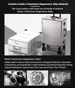 All Aluminum Magnesium Hardside Carry on Luggage with Wheels, Zipperless Hardshell Checked Luggage with TSA Lock, Airline Approved Suitcase Metal Rolling Luggage for Travel, Business (Silver, 24 inch)