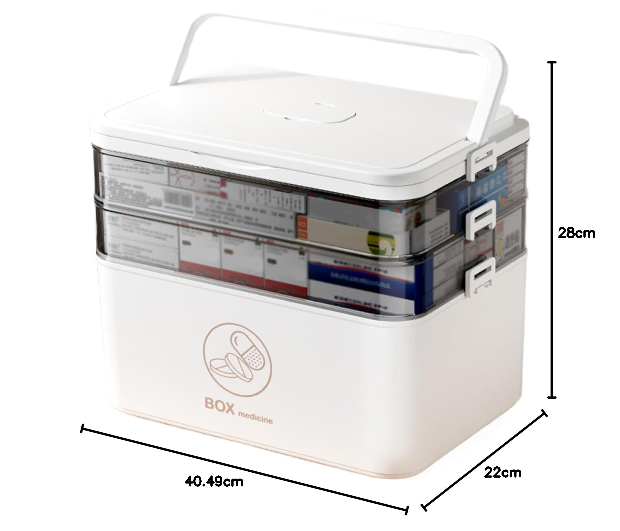 Caja para Medicamentos 3 Niveles | Botiquín Casa Portátil con Asa Ergónomica & Tapa Transparente (Blanco de Luna, 40,5x28x22 cm)