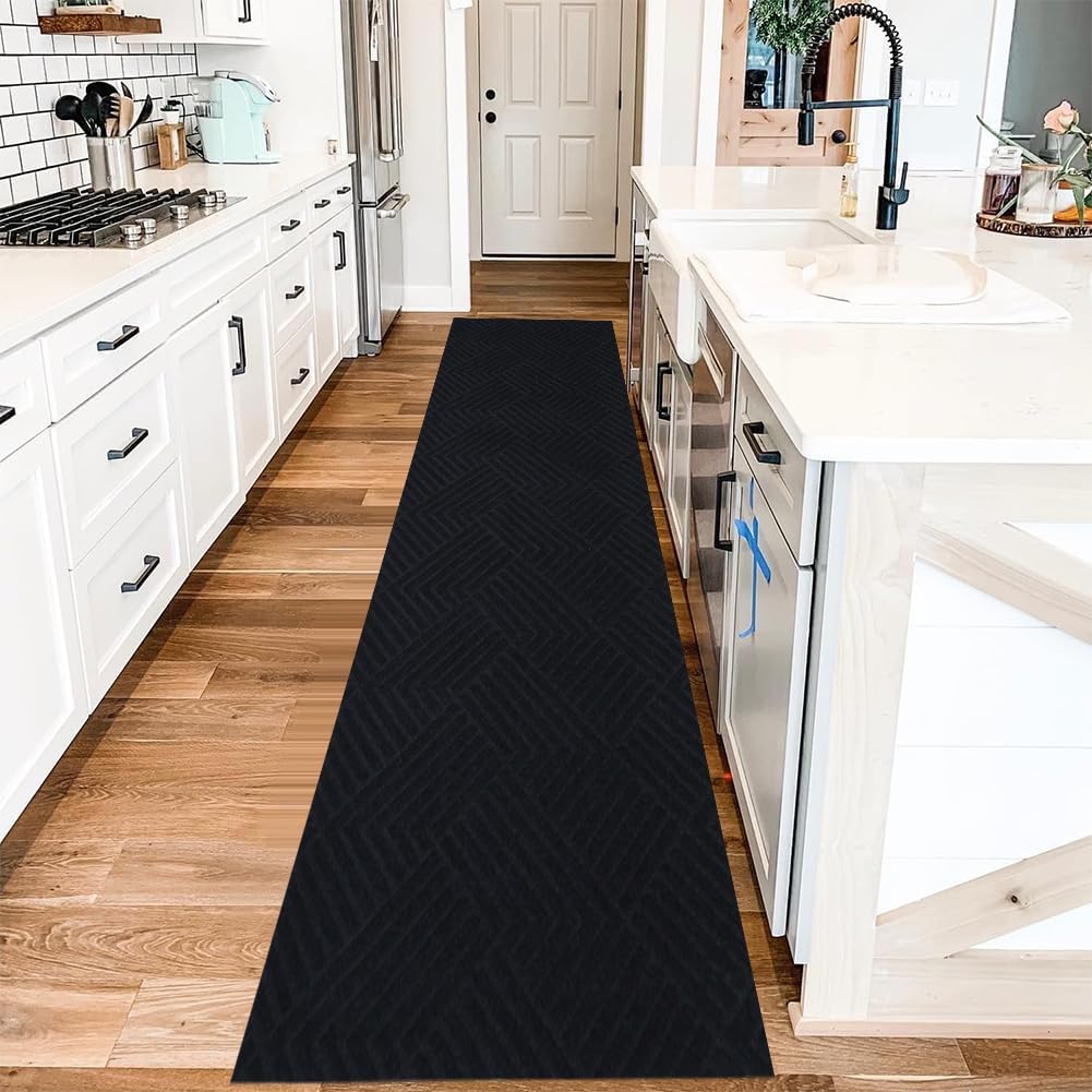 Runner Rugs 2FTx6FT Indoor Outdoor Hallway Runner Rubber Backing Non-Slip Carpet Washable Area Rugs Custom Sizes for Entryway Kitchen Bathroom Laundry Room Balcony Patio Black 2FTx6FT(12 Square FT) Black