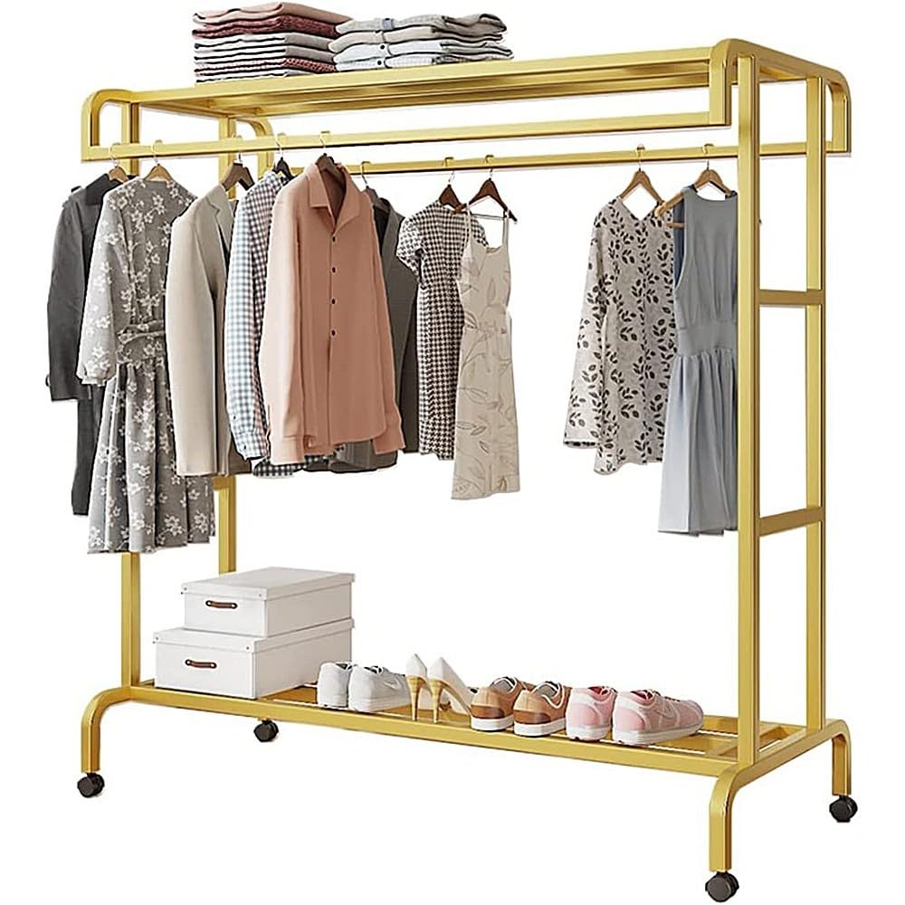 XDLEDMKIZ Minimalist Metal Freestanding Clothes Rack with Wheels Double Rail Garment Rack for Hanging Clothes and Shoes