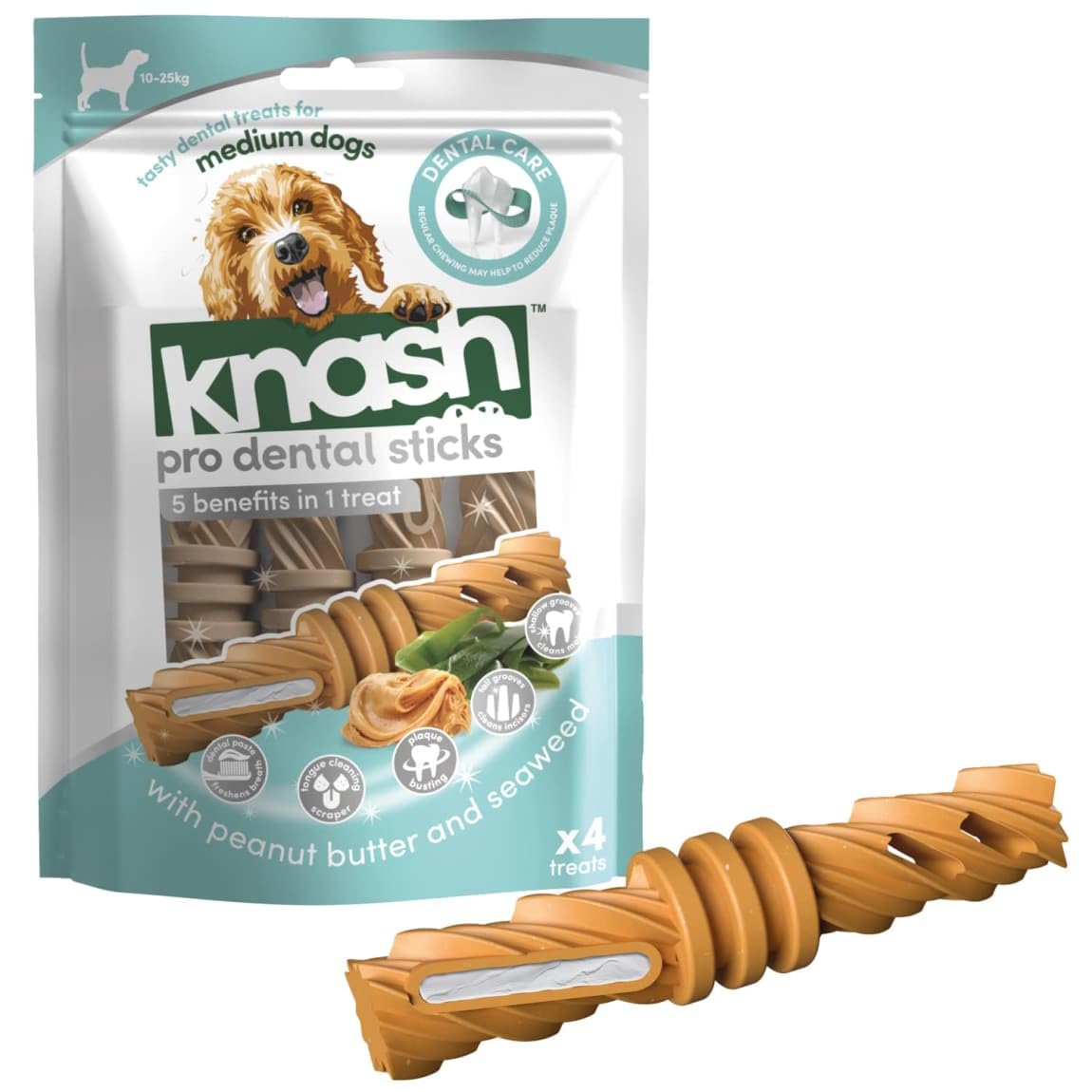 Knash Dog Pro Dental Stick Chews Peanut Butter & Seaweed Flavour 240g Care Veggie Based Daily Treats Healthy Teeth & Gums Medium Dog
