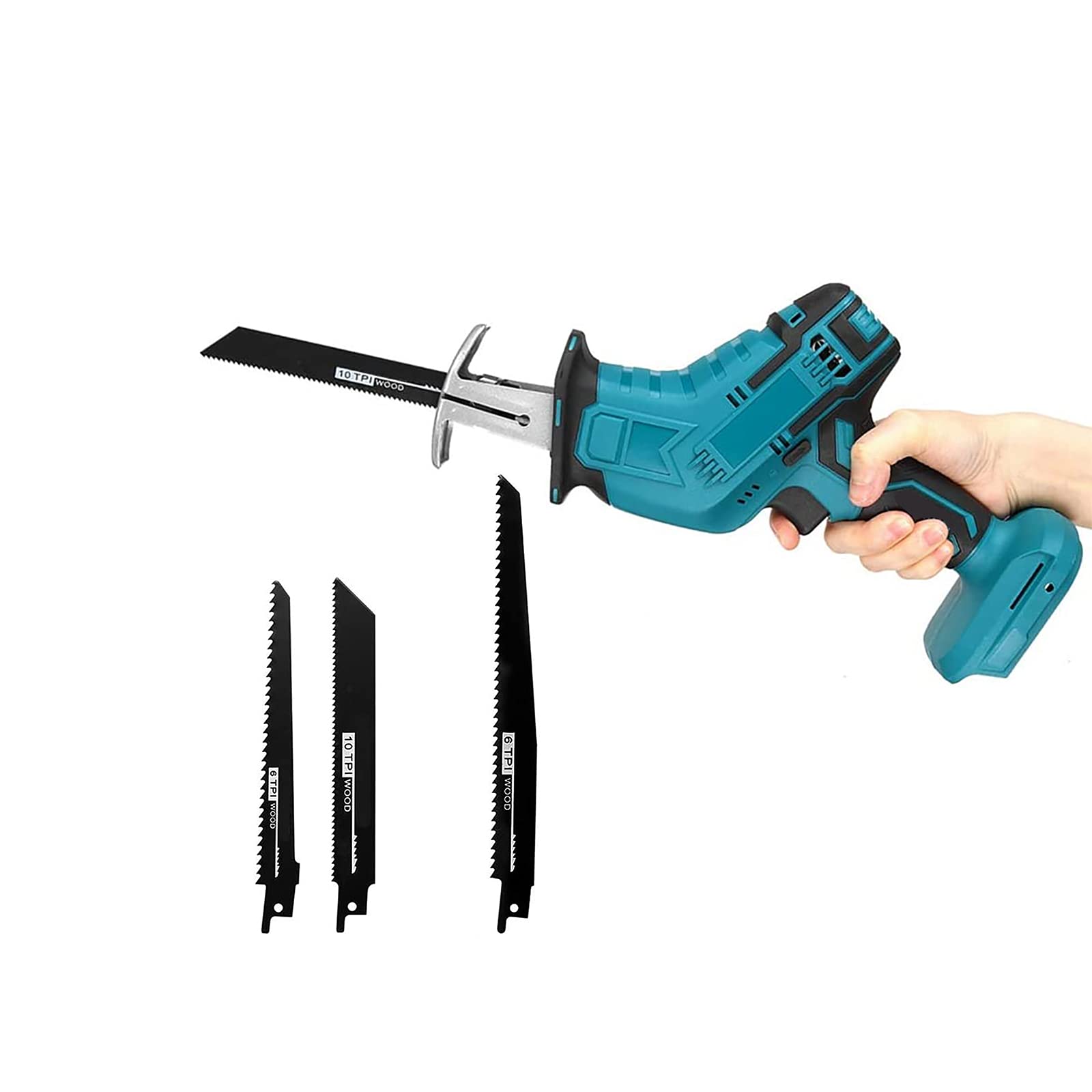Sierra recíproca, sierra recíproca inalámbrica de 18 v Sierra recíproca portátil con 4 hojas de sierra Sierra recíproca eléctrica de una mano 0-4000 rpm para corte de metal/madera/pvc tubería