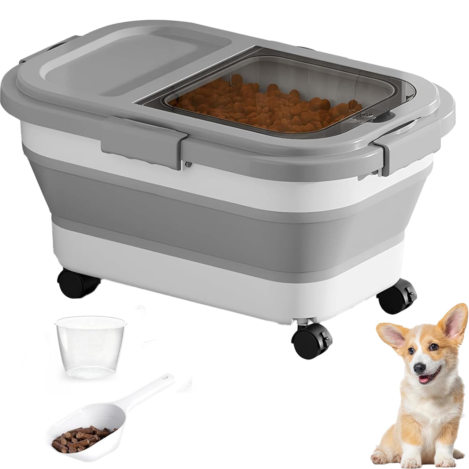 ZHUIYIWIN Pet Food Storage Container for Dogs/Cats, 15lbs Airtight Folding Dog Food Bin with Wheels,Handle, Cat Food Container with Lid and Measuring Cup Scoop (Grey)