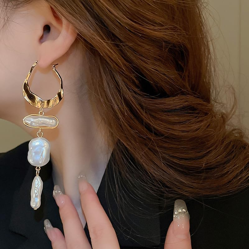 Gold Plated Irregular Pearl Drop Earrings, Statement Baroque Style Dangle Earrings for Women, Fashion Jewelry Gift - Image 6