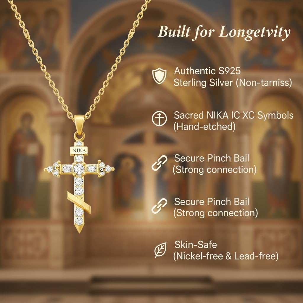 18K Gold Plated Orthodox Cross Necklace for Women, IC XC NIKA/INRI Symbol Eastern Russian Orthodox S925 Sterling Silver, Religious Christian Byzantine Jewelry for Baptism Gift, 18-20"
