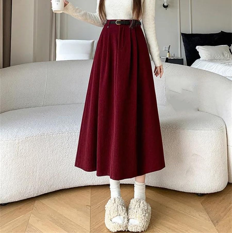 Women's Fall Winter Corduroy A-Line Skirt Elastic Waist Swing Retro Long Skirt with Belt2