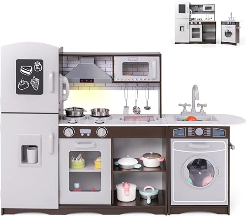 Miniatura 2 de HONEY JOY Juego de cocina para niños, cocina modular de madera de 2 piezas para niños pequeños y lavadora con fregadero, campana extractora