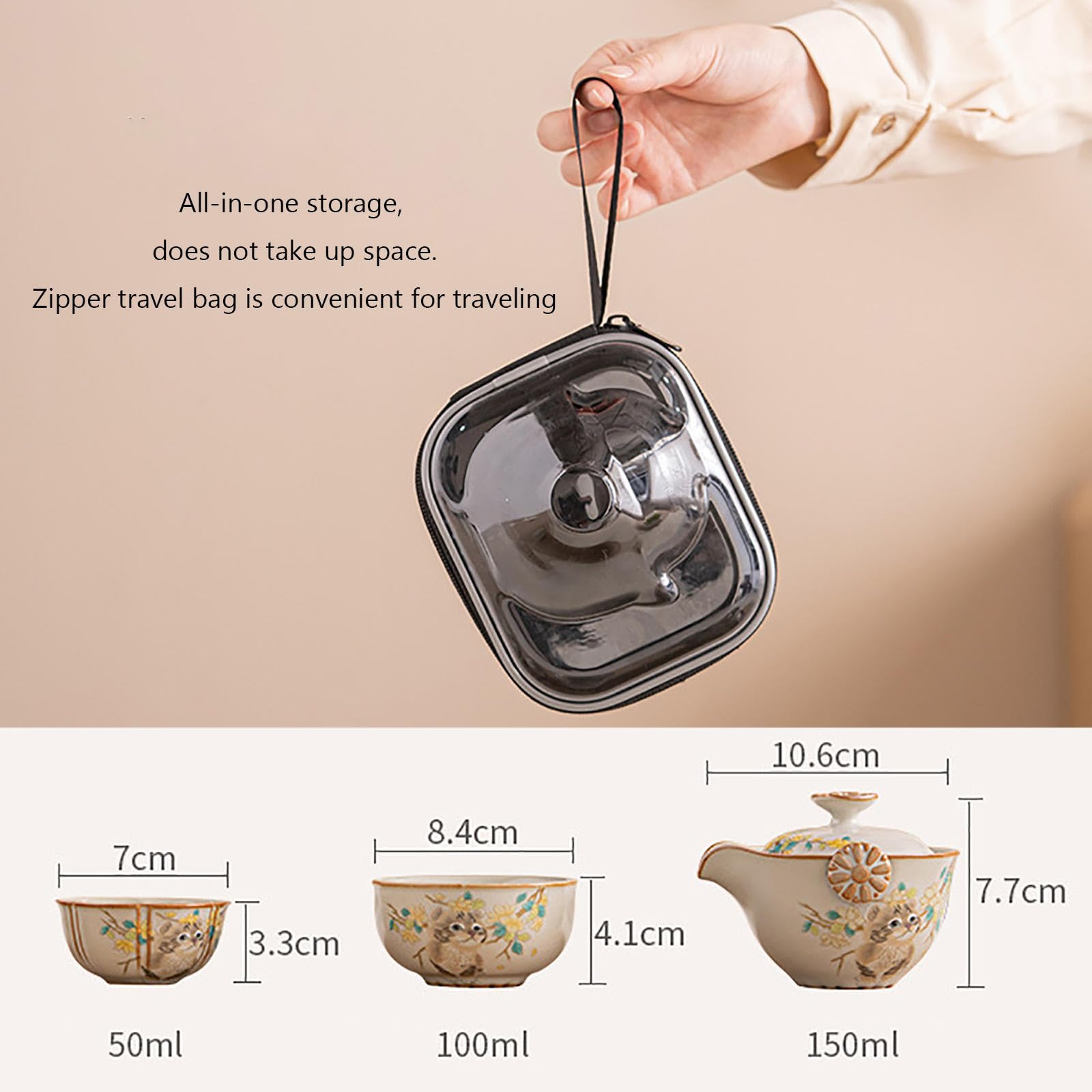 Przenośny zestaw do herbaty dla kota, porcelanowy czajniczek z zaparzaczem, filiżanka do herbaty z zaparzaczem i pokrywką, chiński zestaw do herbaty, zestaw do herbaty Gongfu, zawiera 3 filiżanki i 1