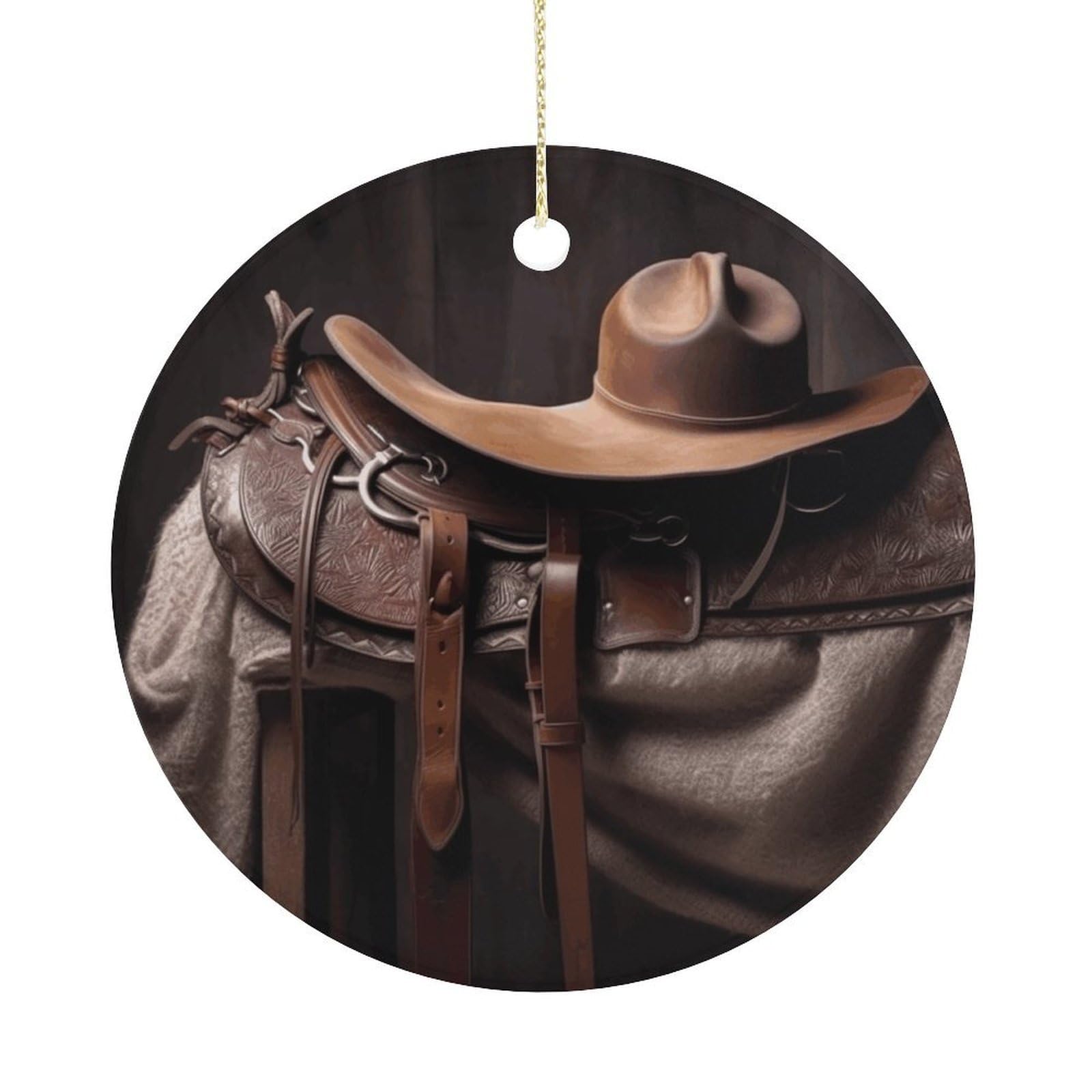 Horse Saddle with A Cowboy Hat Wild Christmas Ornament,Round Ceramic Ornaments Personalized Christmas Tree Ornament for Holiday Porcelain Keepsake Gifts Ideas Home Decor