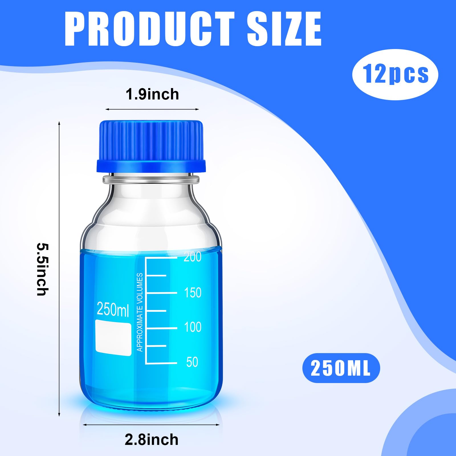 Irenare 12 bottiglie in vetro borosilicato, rotonde, graduate, con tappo a vite Gl45 blu, per liquidi reagenti per acqua di laboratorio (250 ml)