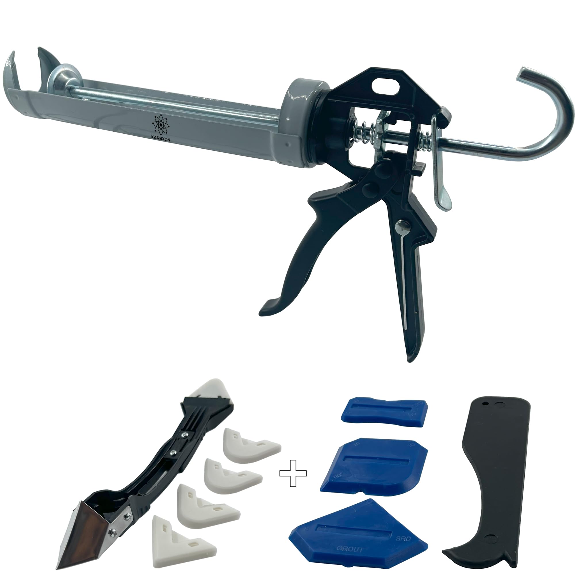 KARBXON KBX73 Heavy duty 360 swivel barrel caulking dispenser 26:1 thrust ratio quick release trigger dripless 10 oz Professional Manual Caulk applicator (9) piece tool kit