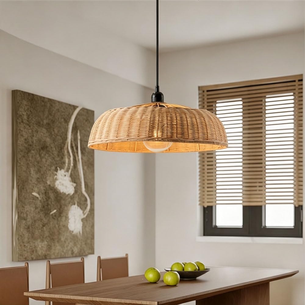XQIDIANAA Rattan Kitchen Island Lighting, Boho Woven Pendant Light with Dome Wicker Shade, Hanging Chandelier for Dining Room, Pool Table, Coastal Farmhouse Fixture