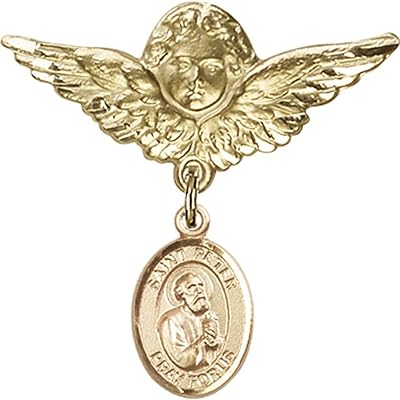 14kt Yellow Gold Baby Badge with St. Peter the Apostle Charm and Angel w/Wings Badge Pin 1 1/8 X 1 1/8 inches