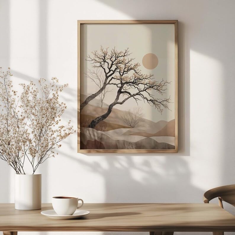 Décoration scandinave beige Wabi Sabi avec affiche arbre 40x60
