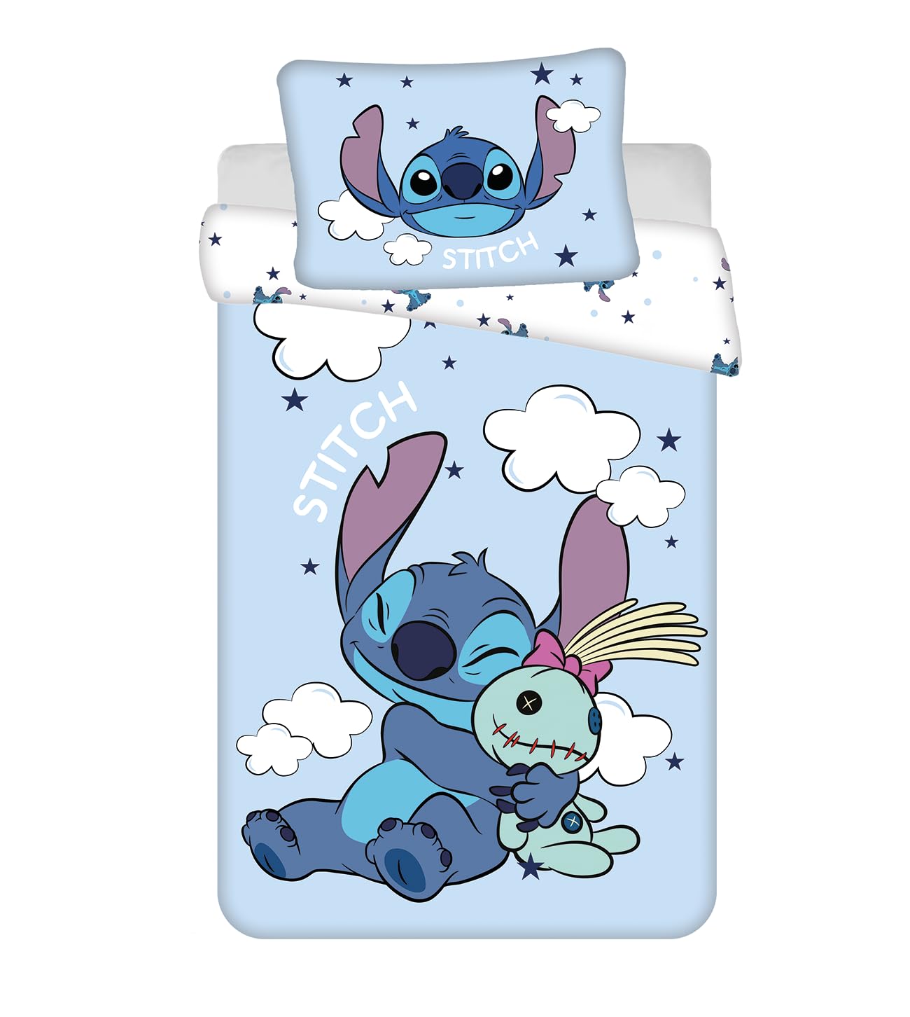 Parure de Lit Enfant Stitch Disney – 100x135 cm + 40x60 cm – 100% Coton – Certifiée Oeko-TEX® – Housse de Couette + Taie – Motif Nuages et Étoiles