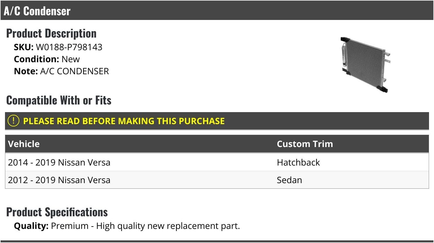 A/C Condenser - Compatible with 2012-2019 Nissan Versa Hatchback and Sedan