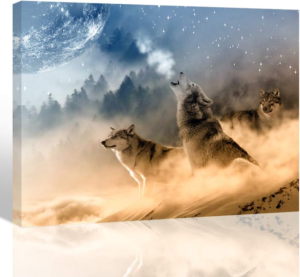 Purple Verbena Art Howling Wolves Pictures Canvas Printing Art Modern Nature Animal Photo Painting Home Wall Art Decor for Room Office Living Room Wall Artwork 12x16 inches Picture Frames