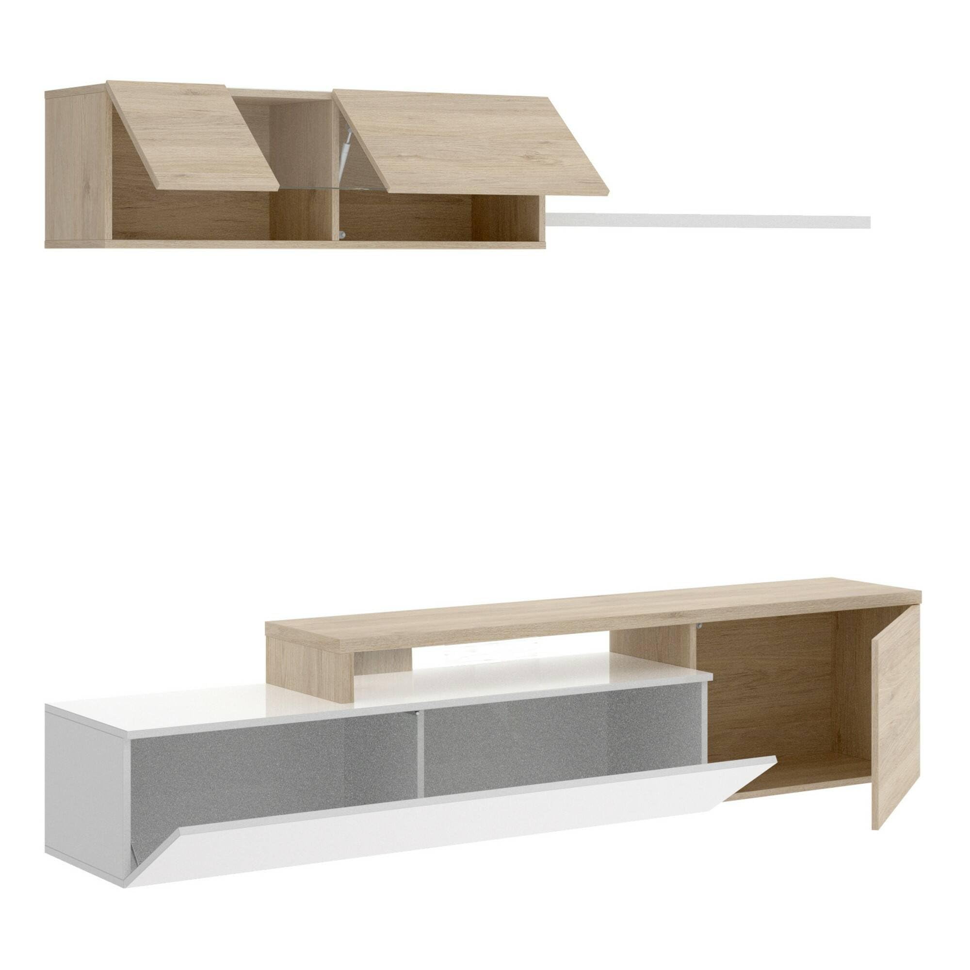 Dmora - Wandeinheit Baker, modulares Eck-Wohnzimmerset, Wohnzimmermöbel Multiposition TV-Ständer, 201 x 41 x 180 cm, Weiß und Eiche