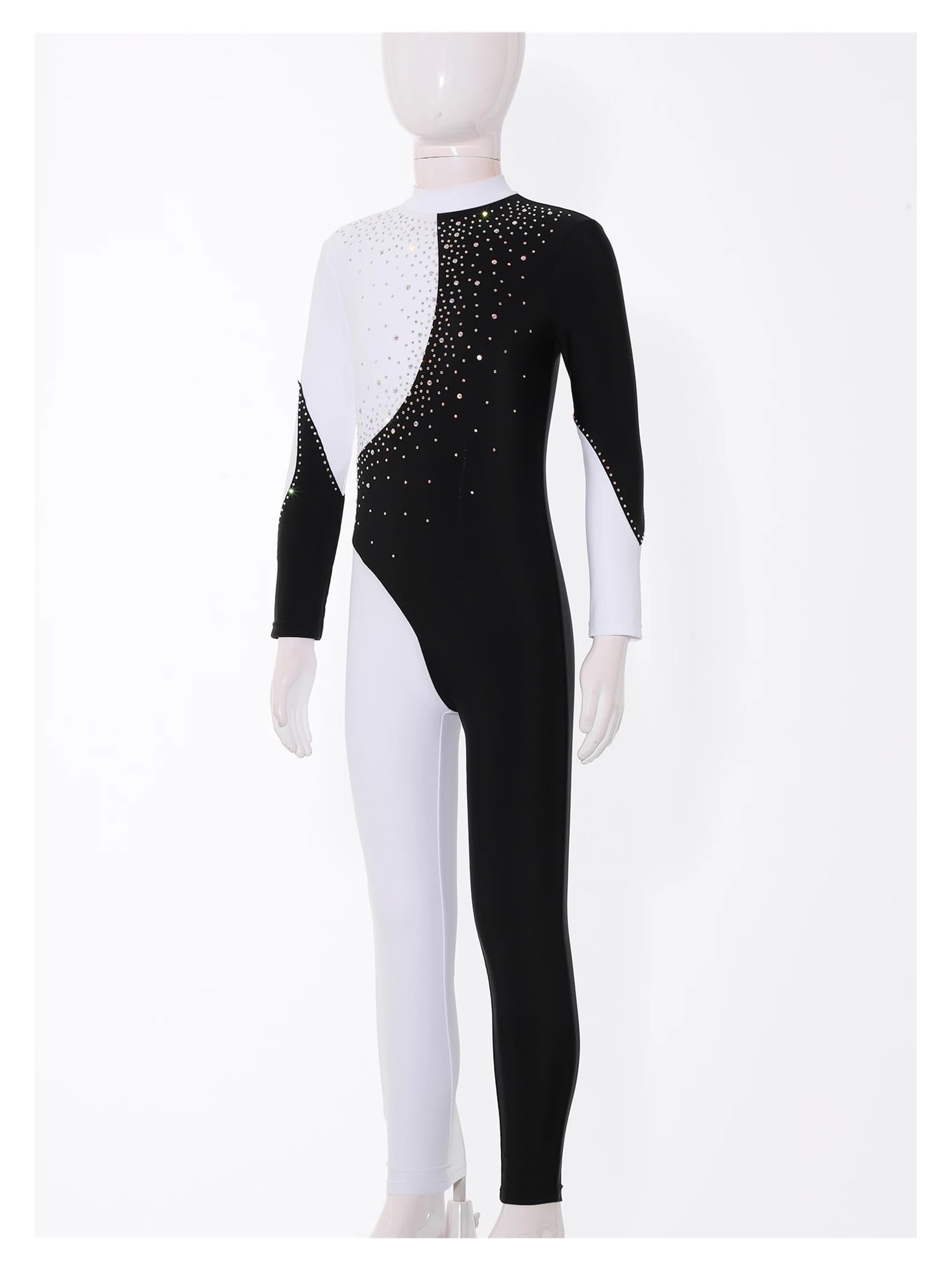 Justocorp De Gym Fille Combinaison de gymnastique for adolescentes, manches longues, strass brillants, body de gymnastique for patinage sur glace, justaucorps de danse de Ballet(Black White,8)