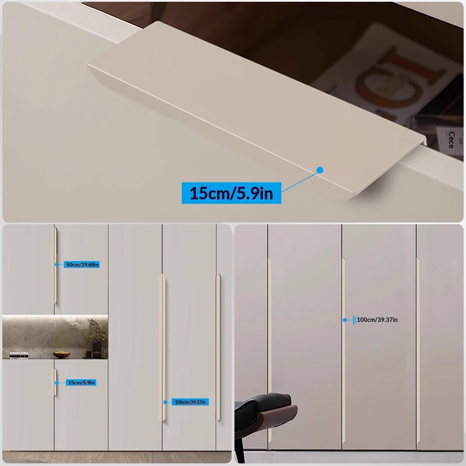 Pomos para armarios y cajones, tiradores ocultos de aleación de aluminio, paquete de 4 tiradores de puerta de armario para cocinas y muebles modernos, fácil de instalar (gris cachemira, L: 100