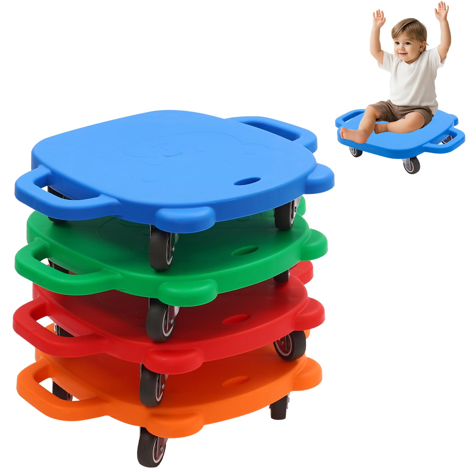Scooter Board for Kids - No Assembly Needed, 4 Pack with Handles, 360° Swivel Wheels, Plastic Ride-on Toys for Gym Class, Indoor & Outdoor Activities, Ages 3-8