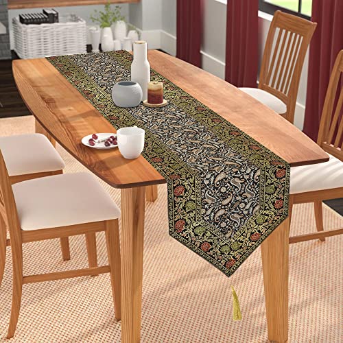 Image of E-EZRA Room Decor Banarasi Silk Handmade Flower V Shape Table Runner Dinning & Centre Table Long Runner Bed Runner Gold Tassels End Size 14 X 80 inches (Black)