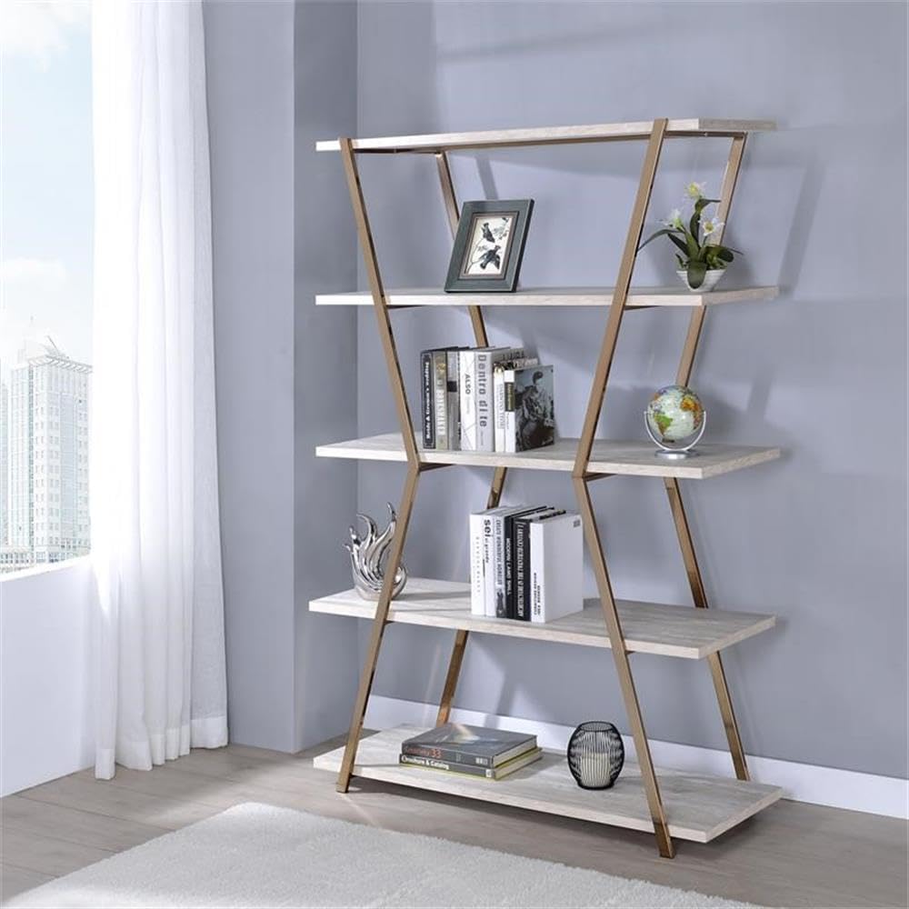 BOWERY HILL Modern Metal 4-Shelf Bookcase, Gold Champagne Finish, 47.25" W x 17.13" D x 72" H, Steel Frame with Wood Shelving, Contemporary Style Open Concept Storage for Living Room or Office Use