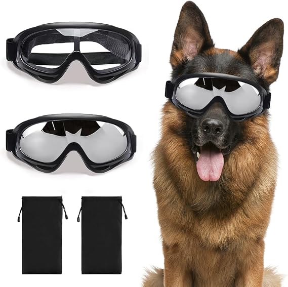 2 PCS Dog Goggles, Dog Sunglasses with UV Protection, Silver Clear | Dog Sunglasses for Medium & Large Breed, Anti-UV Eye Protection Pet Glasses for Outdoor Hiking