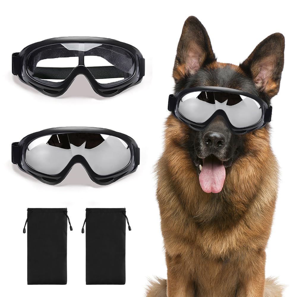 Jiayaus 4Pcs Dog Goggles Set, 2Pcs Dog Sunglasses with 2Pcs Glasses Pouch for Medium & Large Breed, Anti-UV Protection Sunglasses for Dogs Adjustable Strap for Outdoor Hiking (Silver and Clear)