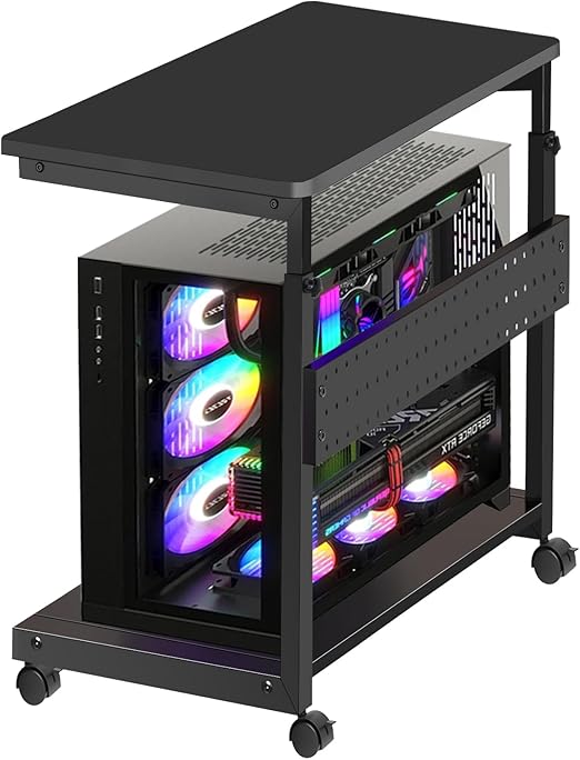 SWOK Height Adjustable Computer Tower Stand for Gaming & Office, W13.8 x L25.2 Inch Desk, Under Desk PC Stand with Mobile Wheels & Mouse Pad, Desktop Computer Stand for Floor, Black