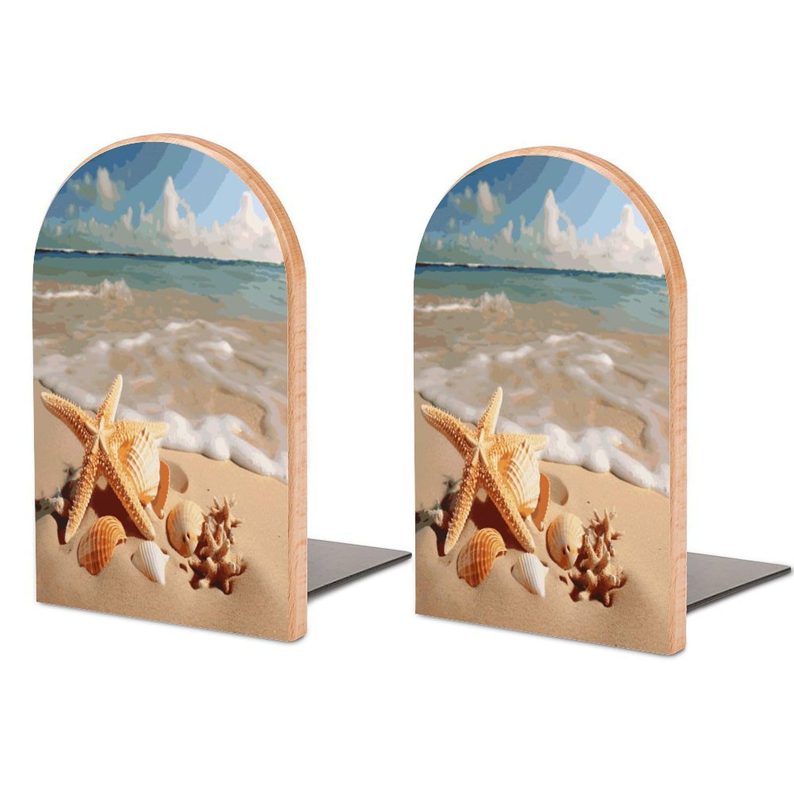 Seashells Starfish on Beach Bookend for Shelves Non-Skid Book Holder Modern Heavy Duty Bookend Stopper Metal Base Wood Book End Books Shelf Holder Home Decorative 1pair 5x3.9x3.1