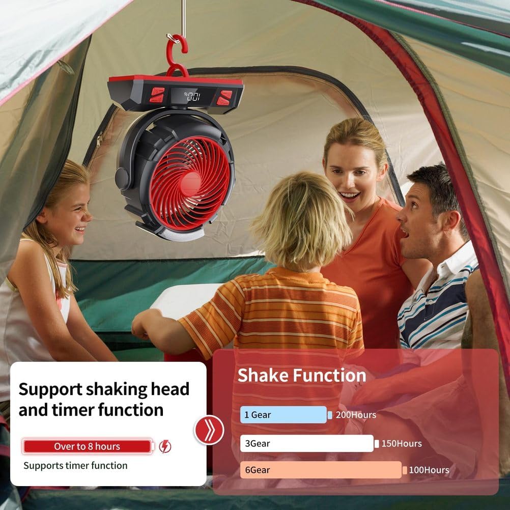 Camping LED Fan with Light, 6 Speed 20000mAh Rechargeable Battery Powered Outdoor Tent Fan with Light and Hook, Personal USB Desk Fan for Camping, Fishing