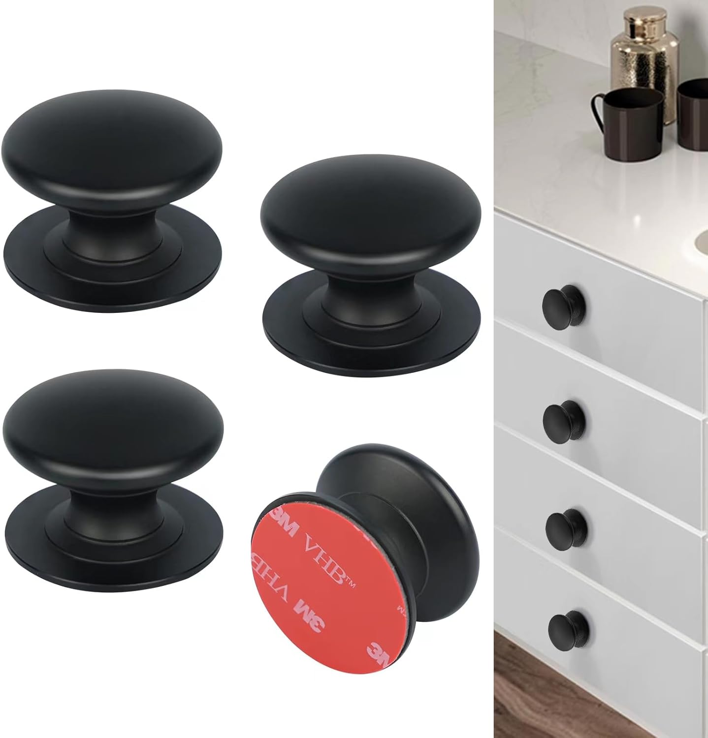 4 Pack Adhesive Knobs Stick On Handle Cabinet Knobs Aluminum Peel and Stick Hardware Black Adhesive Cabinet Knobs No Drill Cabinet Handles Adhesive Drawer Pulls for Mirror Cabinet Fridge Oven