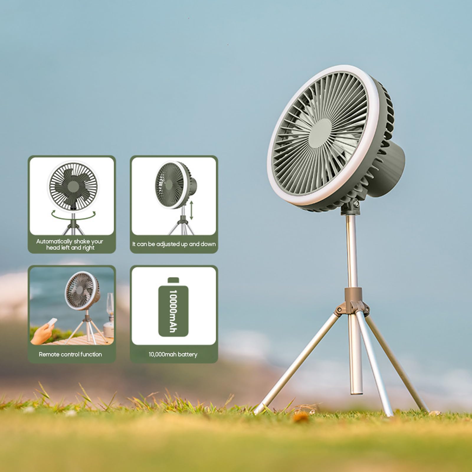 Ventilatore da tavolo con telecomando da 10000 mAh, ventilatore da soffitto con luce a LED e treppiede, per ragazzi e ragazze, per viaggi, vacanze, spiaggia