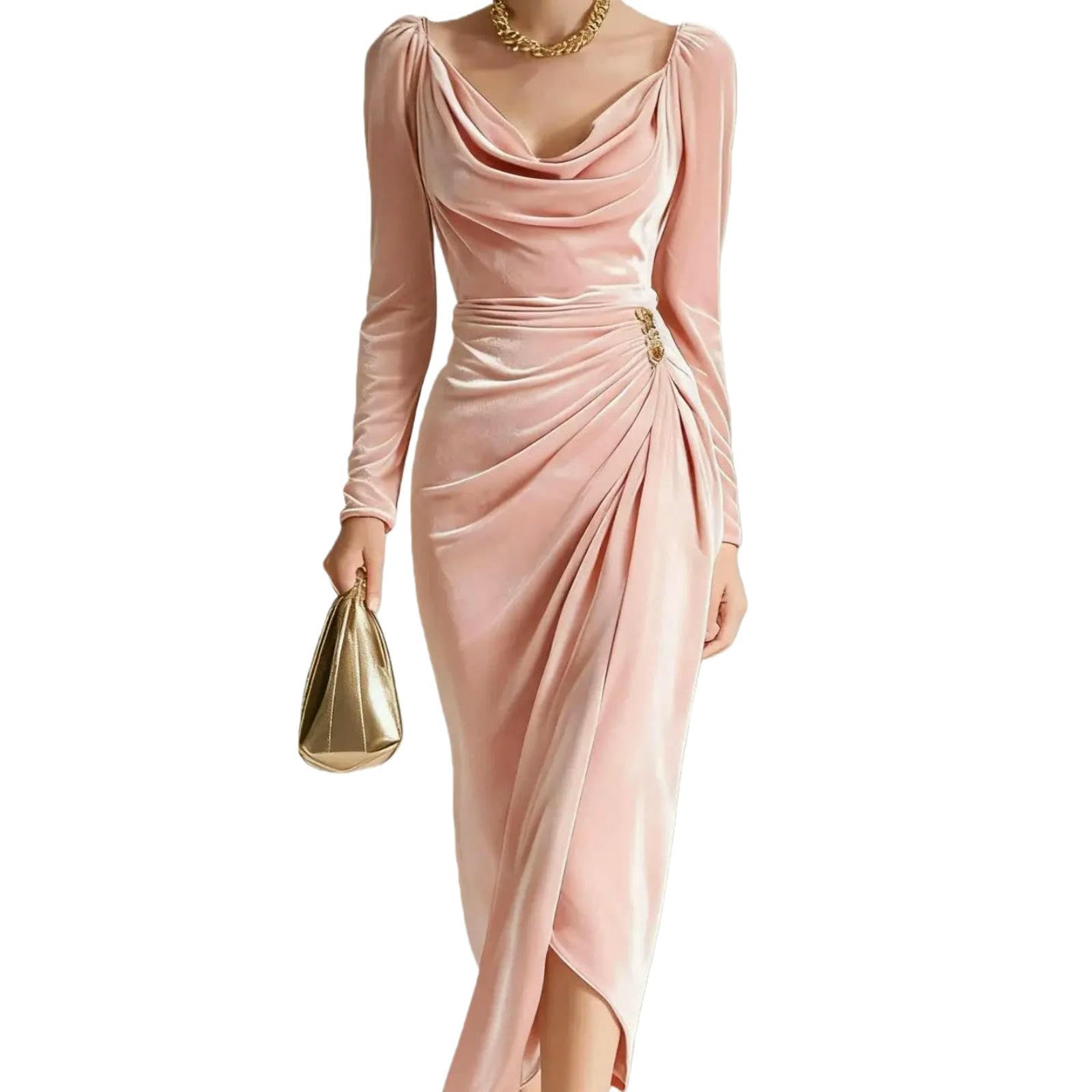 Vestito Abito Midi in Velluto A Manica Lunga, Blush Rosa Ruched Split Hem Design per La Festa Serale-Khaki-l