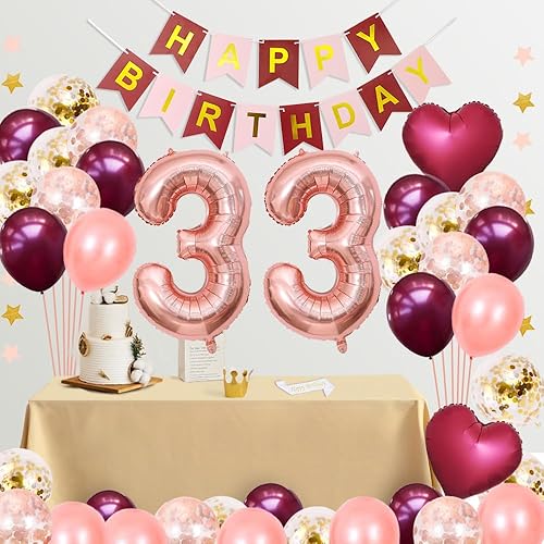 Miniatura 9 de Fancypartyshop Suministros de decoración de cumpleaños número 29 para niñas y mujeres, pancarta de papel rosa burdeos feliz, banda para decoración