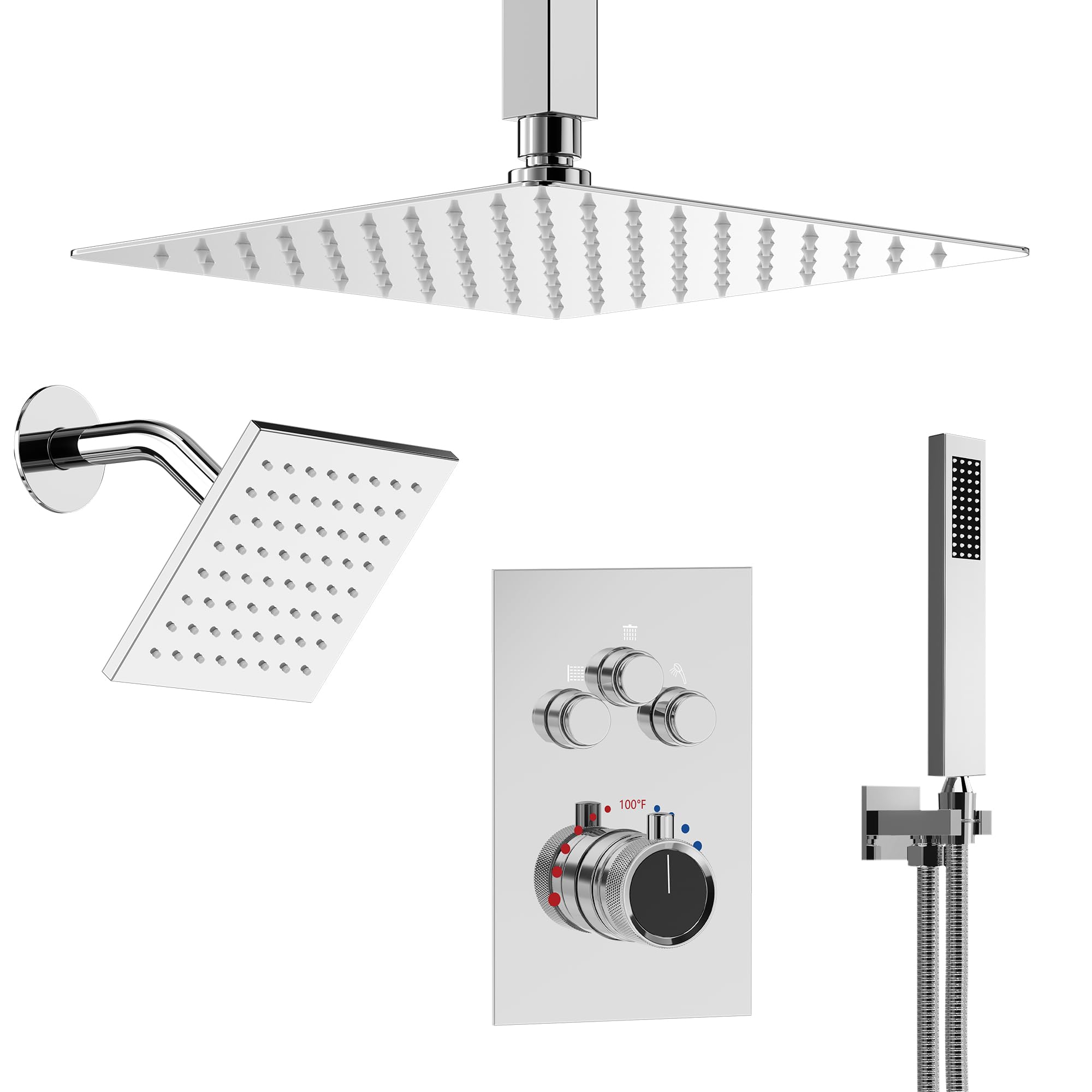Ceiling Mount 12" High-Pressure Rainfall Shower Faucet, Dual Rainfall Shower Head System with Valve (Polished Chrome)