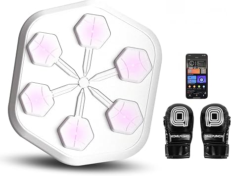 ONEPUNCH V3 Smart LED Boxing Machine Electronic Music Workout Trainer for Indoor Fitness, APP Connected Punch Pad with Full LED Panel, Stress Relief & Fun Training with Gloves White
